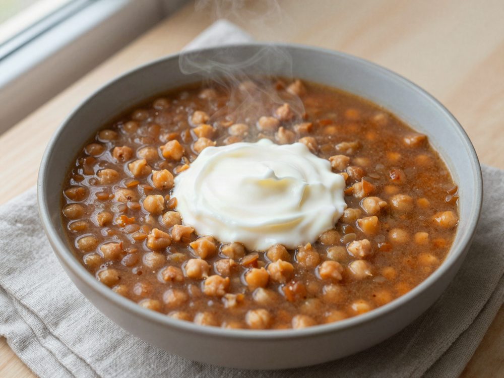 Linsesuppe i mikroovn med skyr og kikærter