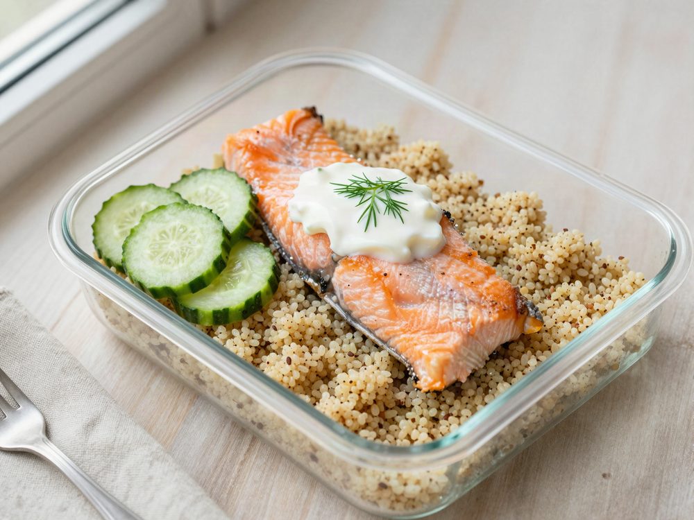 Rester af laks med quinoa og agurk