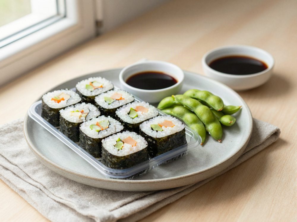 Sushi fra køledisken med edamame