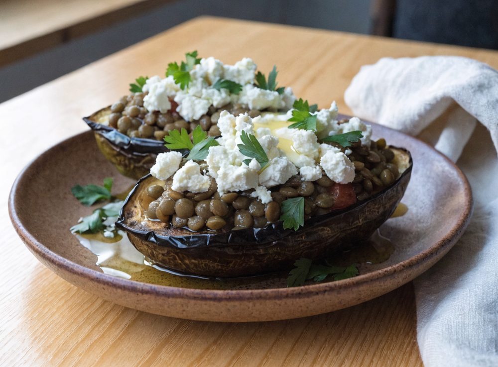 Fyldte auberginer med linser og feta