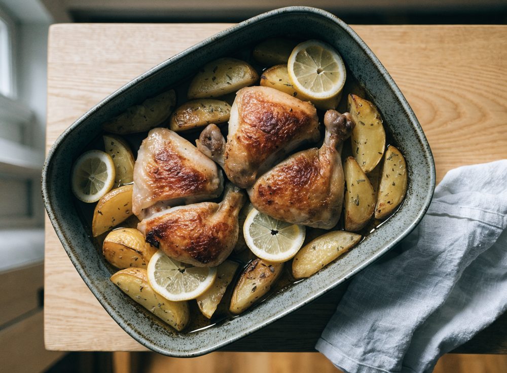 Græske kyllingelår i ovn med citron, kartofler og oregano