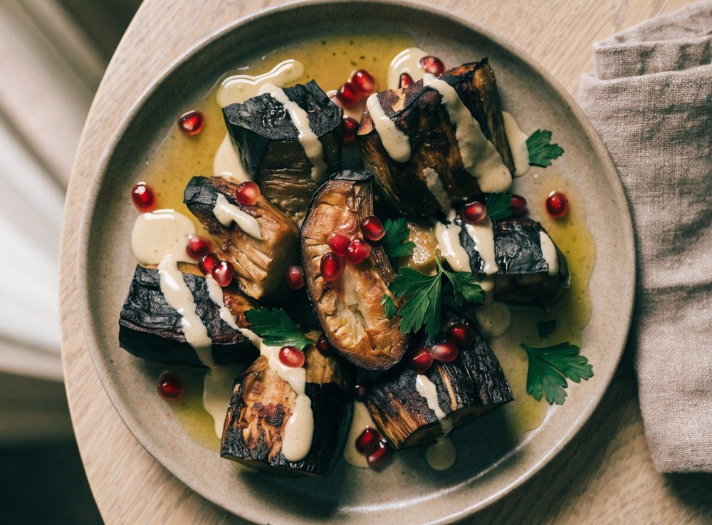 Grillet aubergine med tahin og granatæble