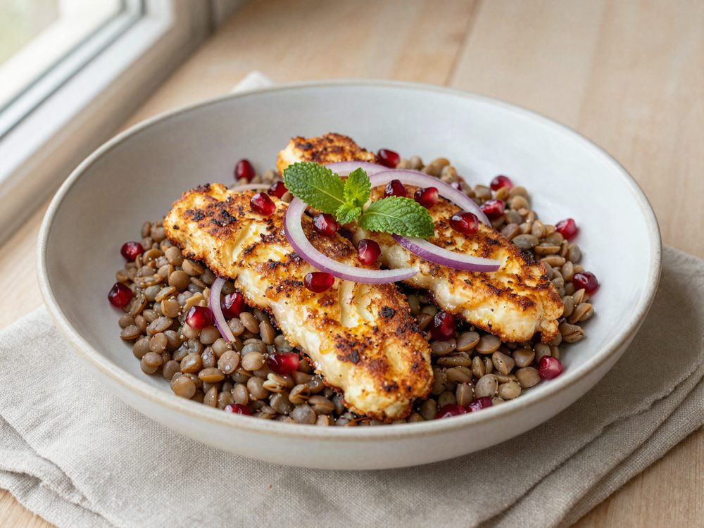 Stegt halloumi med linser og granatæble