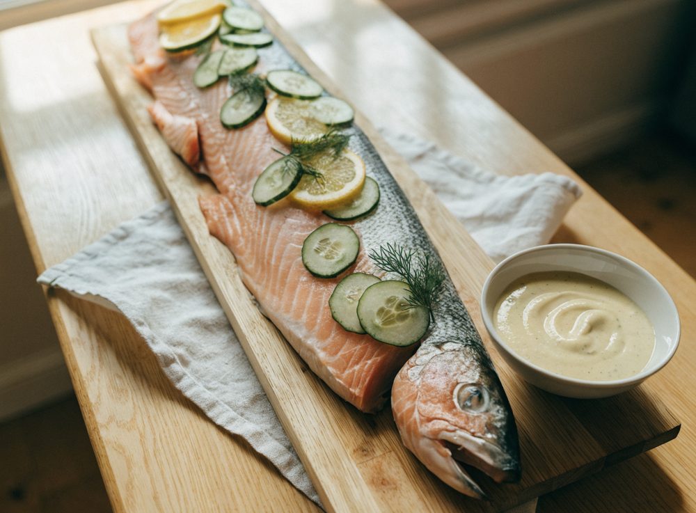 Hel laks bagt ved lav varme til buffeten