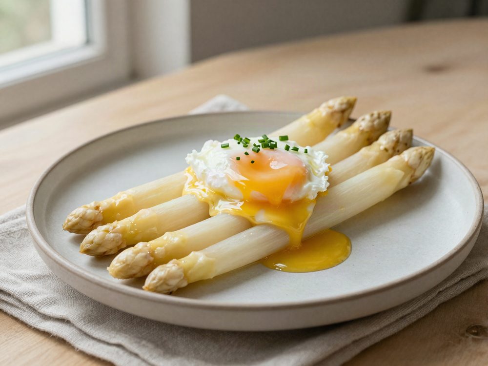 Hvide asparges med hollandaise og pocheret æg