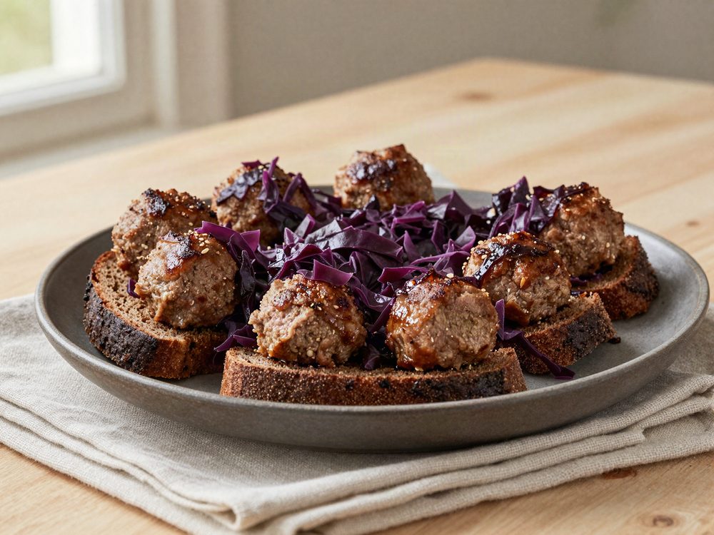 Julefrikadeller med rødkål og rugbrød