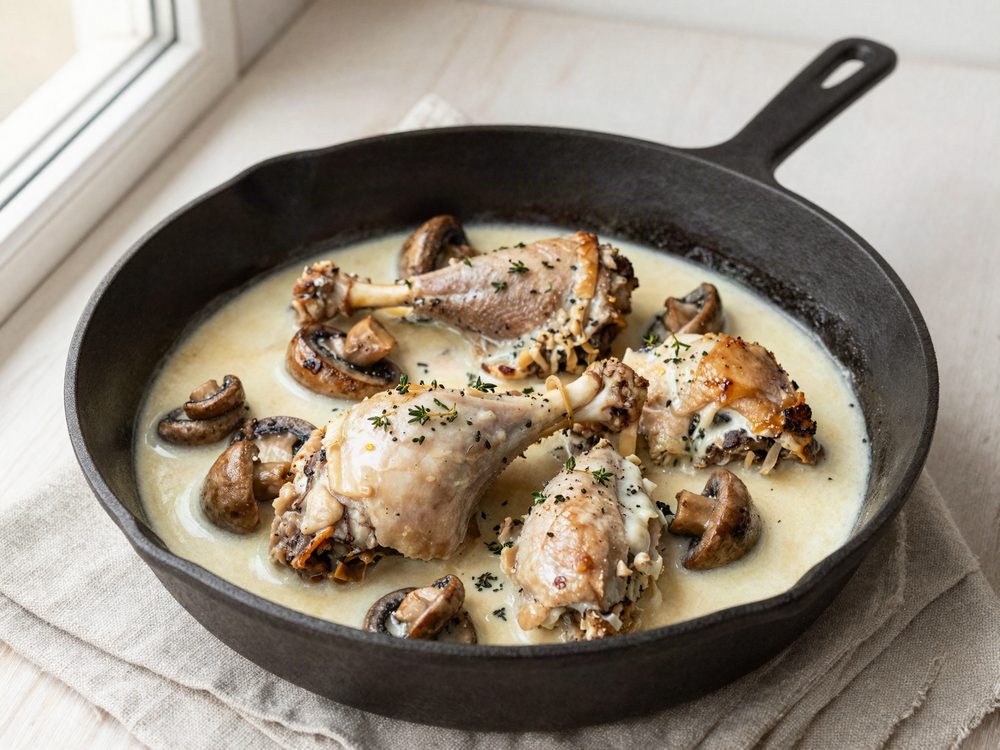 Kalkun i fløde med champignon og timian