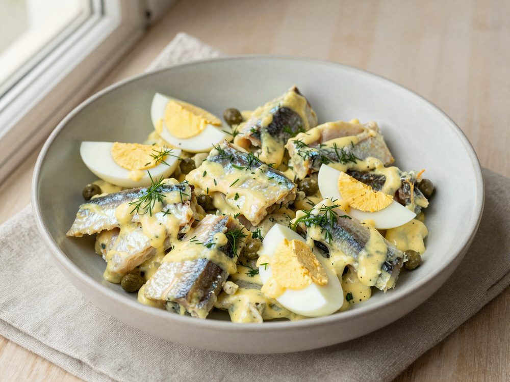 Karrysalat med marineret sild og æg