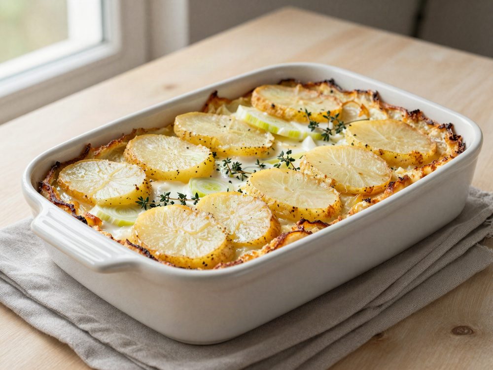 Kartoffelgratin med porre og timian