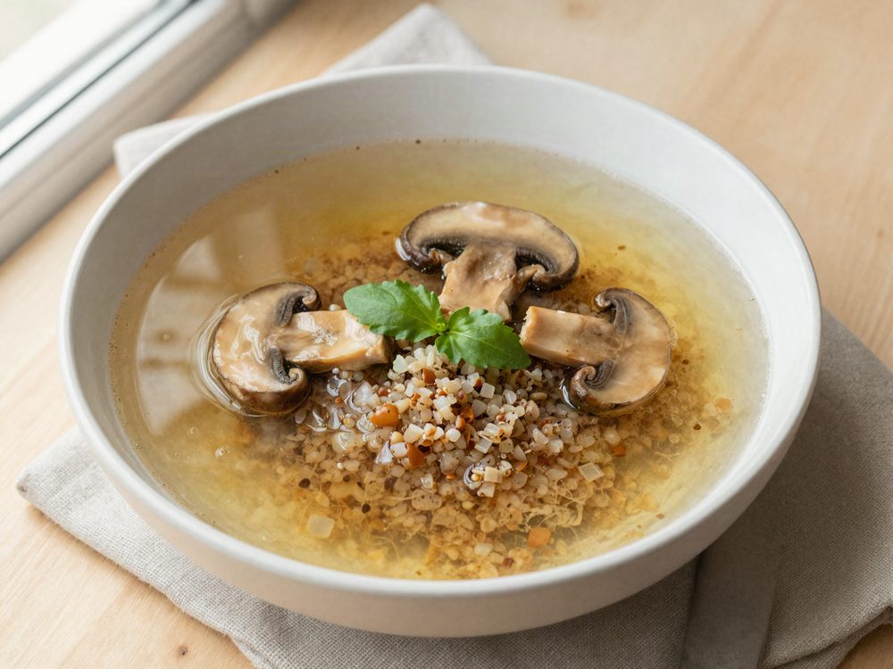 Klaret svampeconsommé med østershat og boghvede