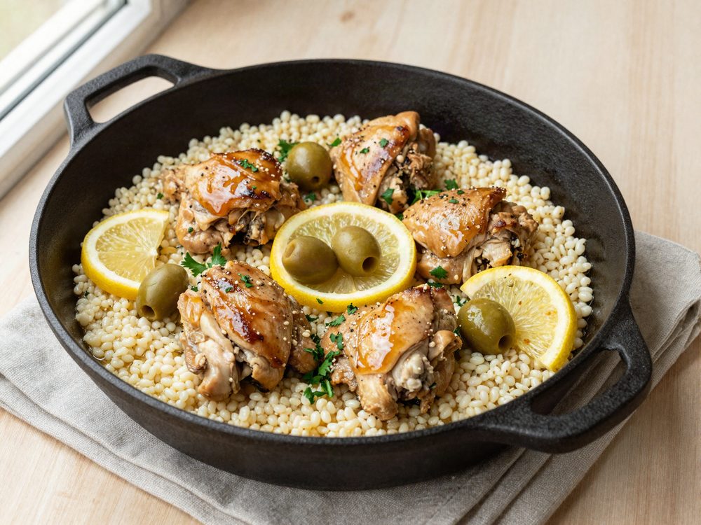 Kylling med perlecouscous, citron og oliven i én gryde