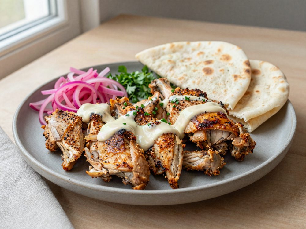 Kyllingeshawarma med tahinsauce og syltede rødløg