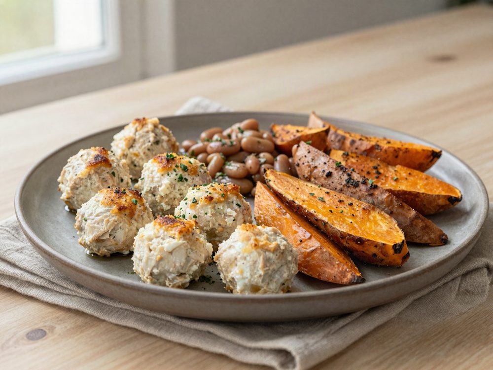 Kyllingefrikadeller med hytteost og ovngrønt