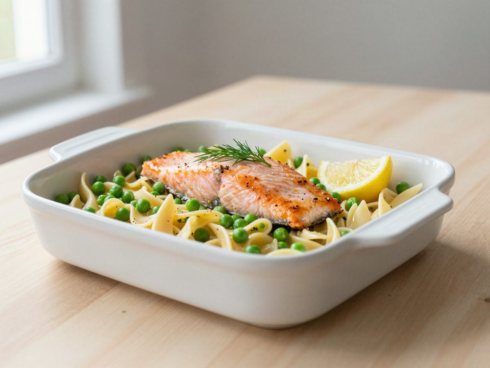Laks i fad med pasta og ærter