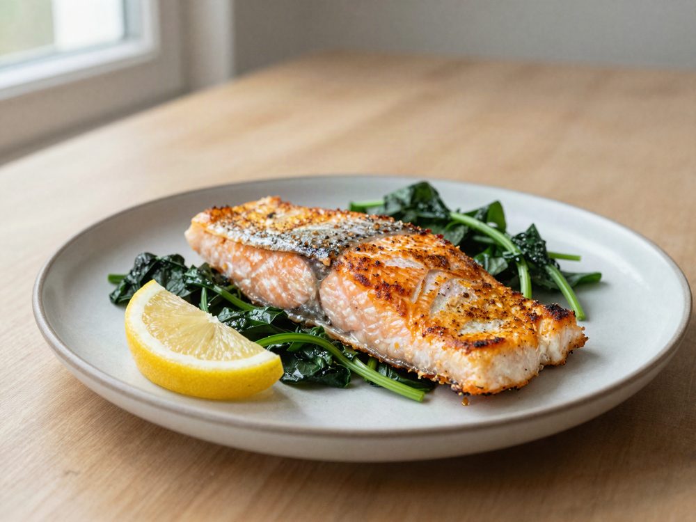 Pandestegt laks med spinat og citron