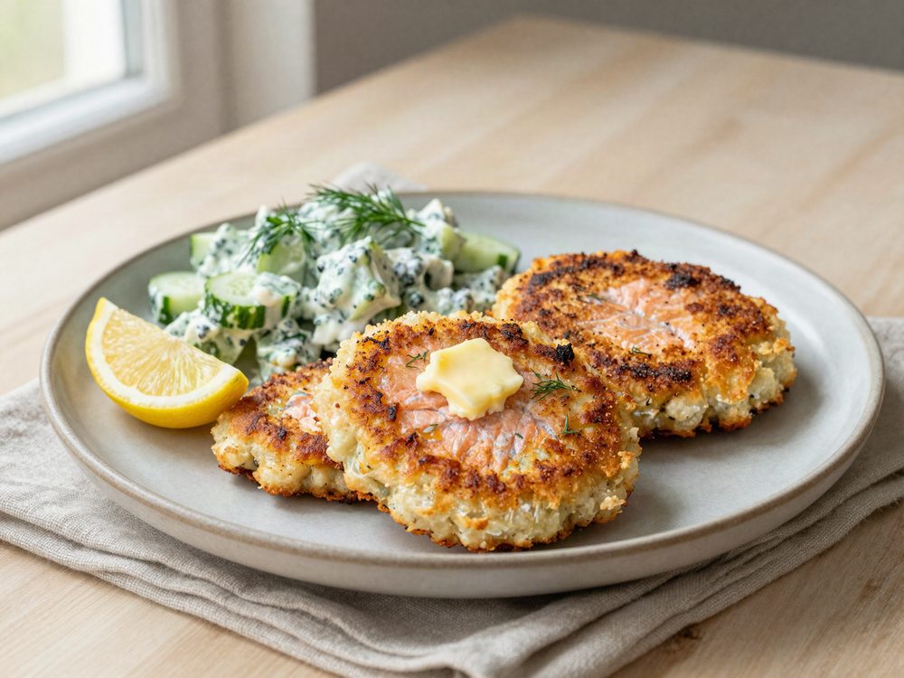 Laksefrikadeller med agurkesalat