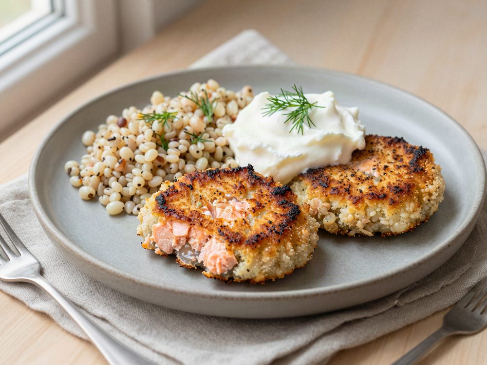 Laksefrikadeller med skyrdip og perlebyg