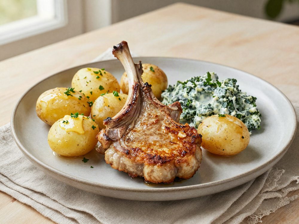 Lammekoteletter på panden med nye kartofler og stuvet spinat