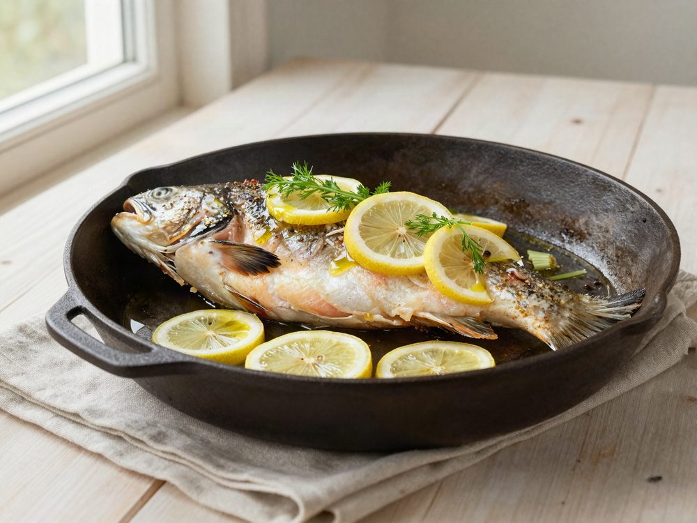 Langsomt ovnbagt hel ørred med fennikel og citron