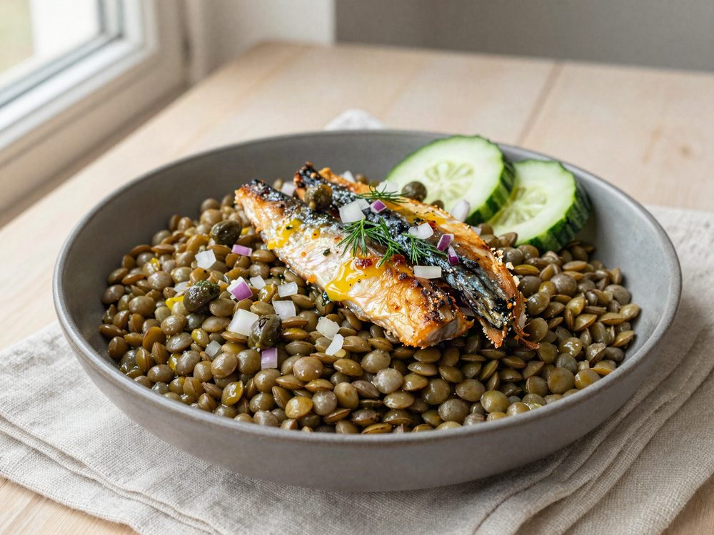 Linsesalat med røget makrel