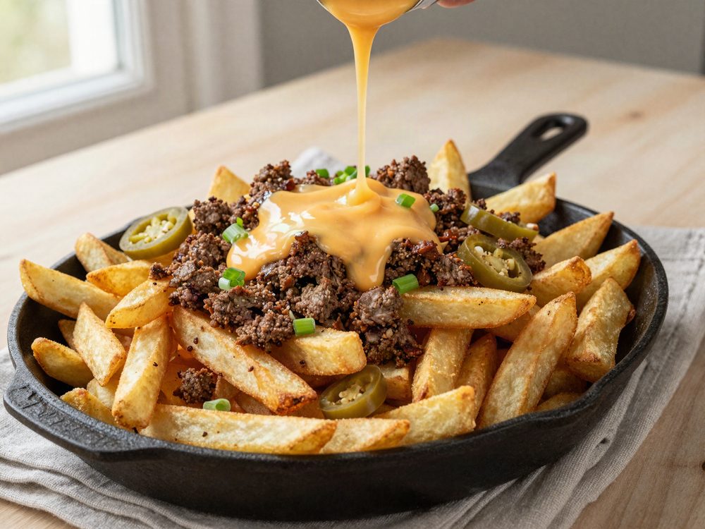 Loaded fries med krydret oksekød og cheddarsauce