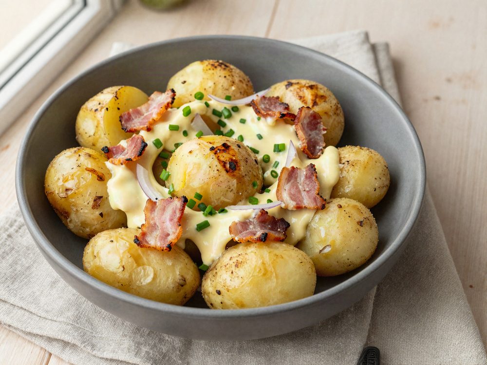 Lun kartoffelsalat med sennepsdressing og bacon