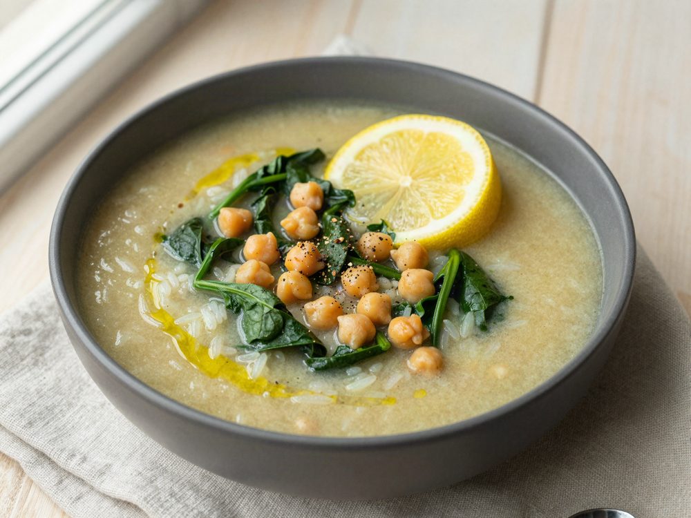 Mættende kikærte- og spinatsuppe med ris og citron