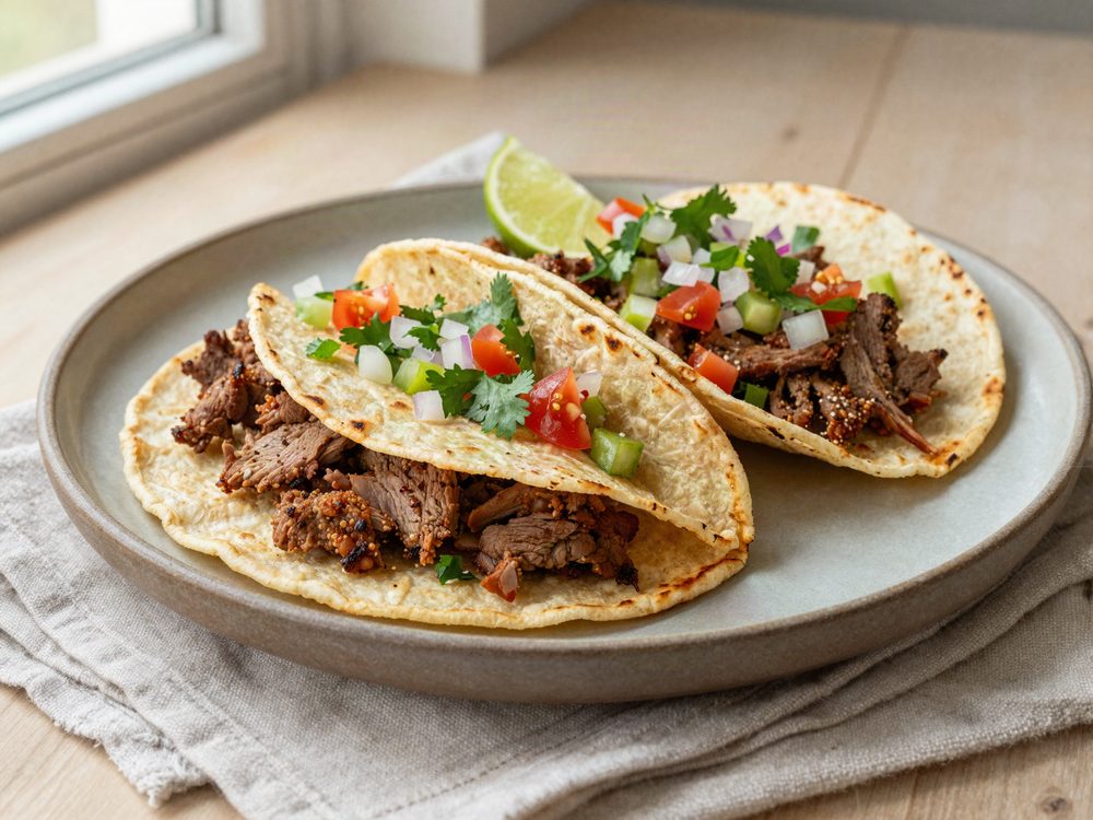 Majstacos med krydret svinekød og limesalsa