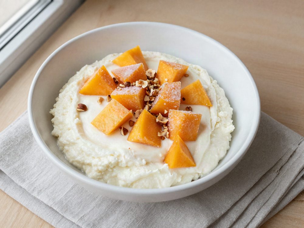 Kvark med frossen mango og hasselnødder