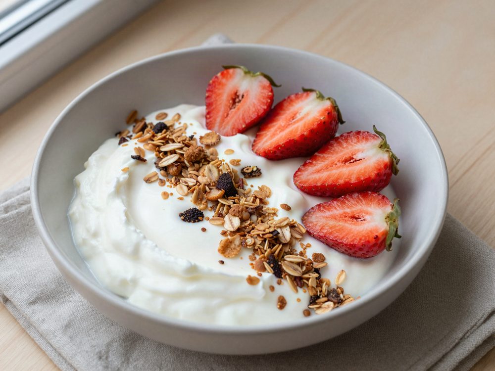 Proteinyoghurt med müsli og jordbær
