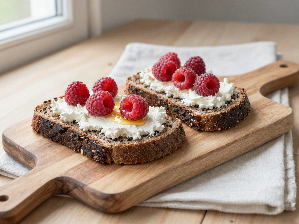 Rugbrød med hytteost og hindbær