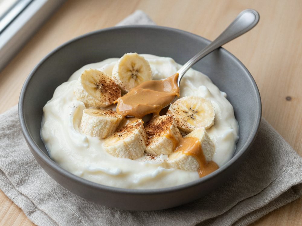Skyr med banan, peanutbutter og kanel