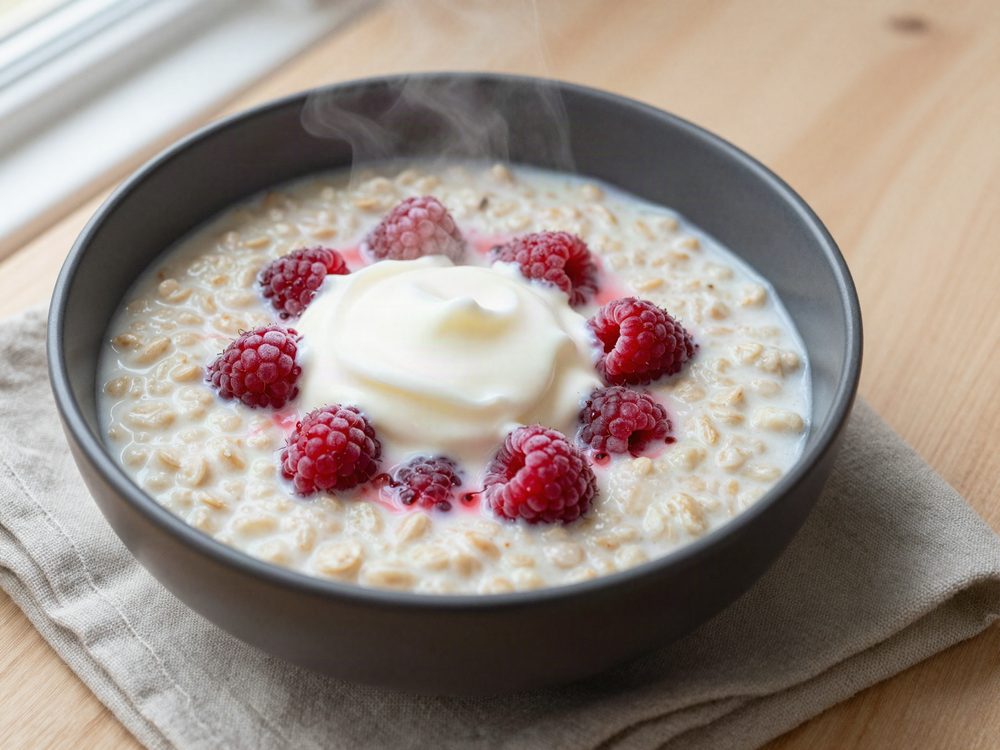 Varm havregrød med skyr og hindbær