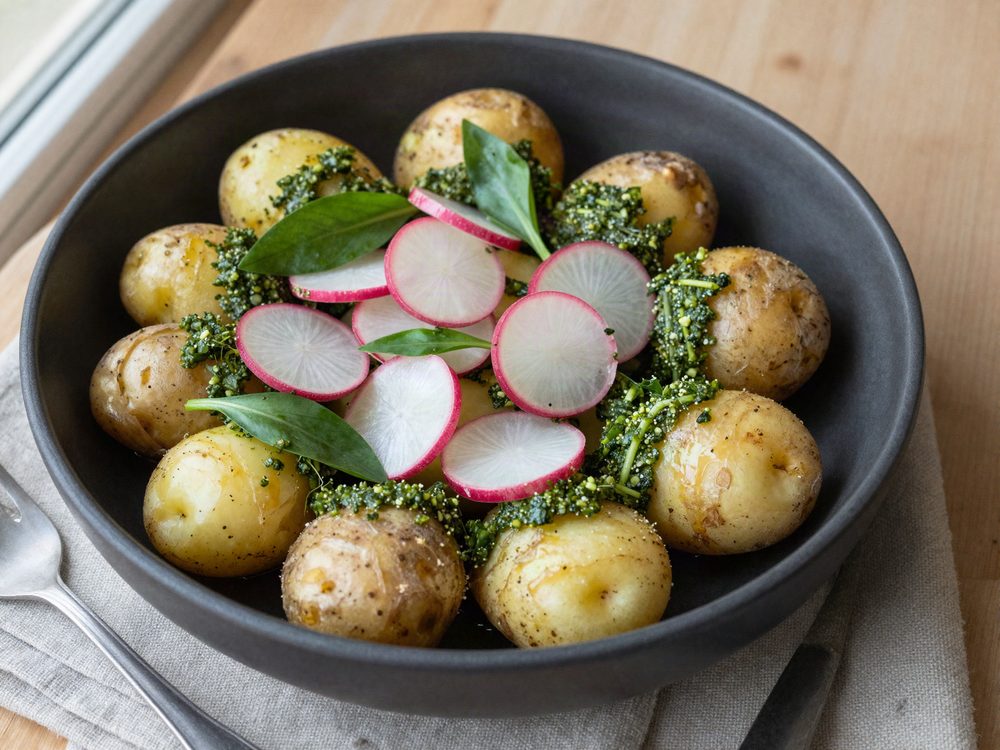 Nye kartofler med ramsløgspesto og radiser