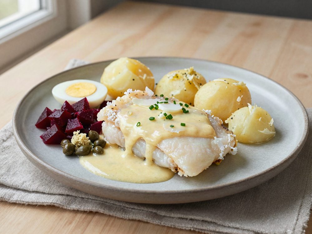 Nytårstorsk med sennepssauce og klassisk tilbehør