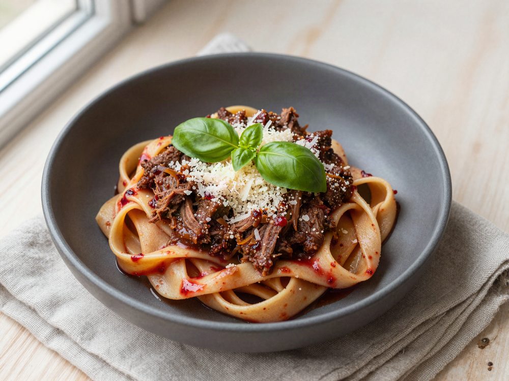 Oksehaleragù med rødvin og tagliatelle
