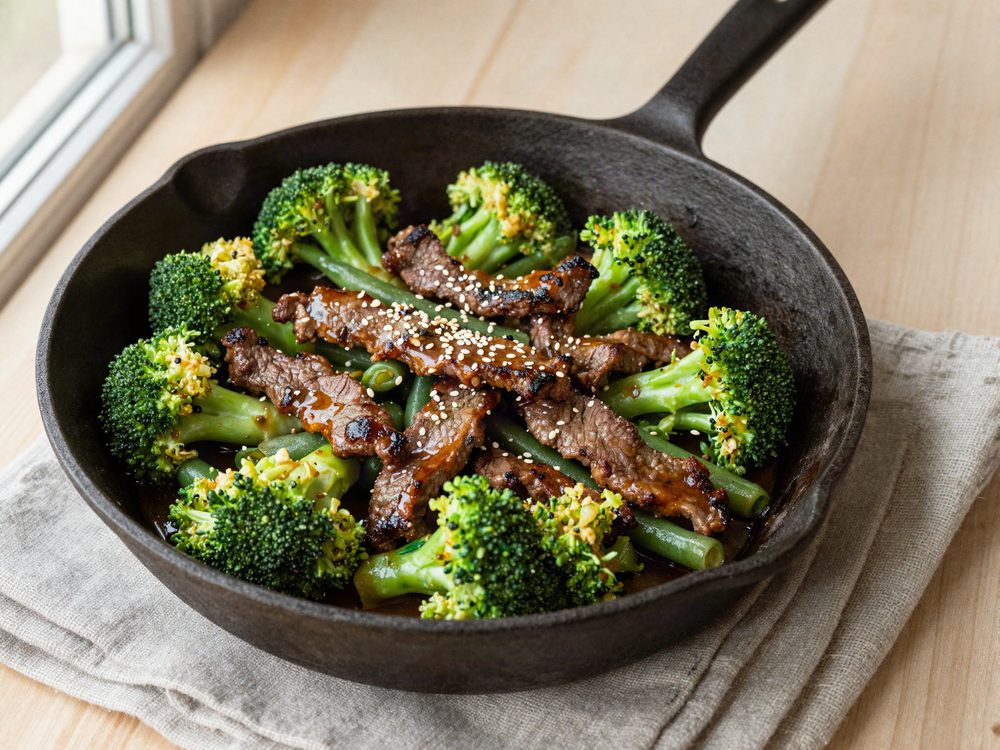 Oksestrimler i wok med broccoli og bønner
