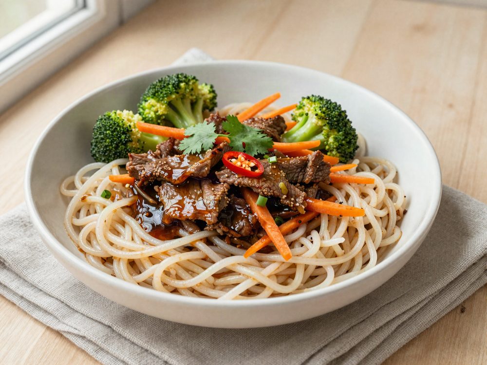 Oksestrimler i wok med risnudler