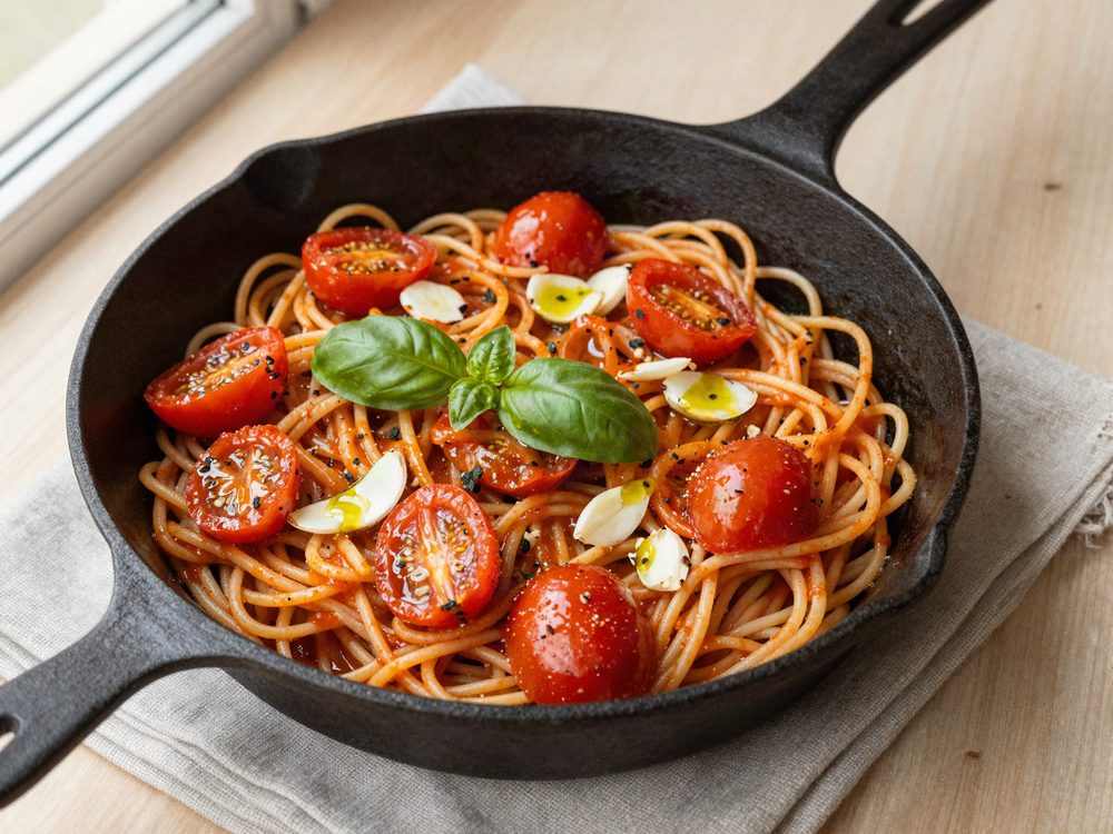 One-pot pasta med cherrytomat, hvidløg og basilikum