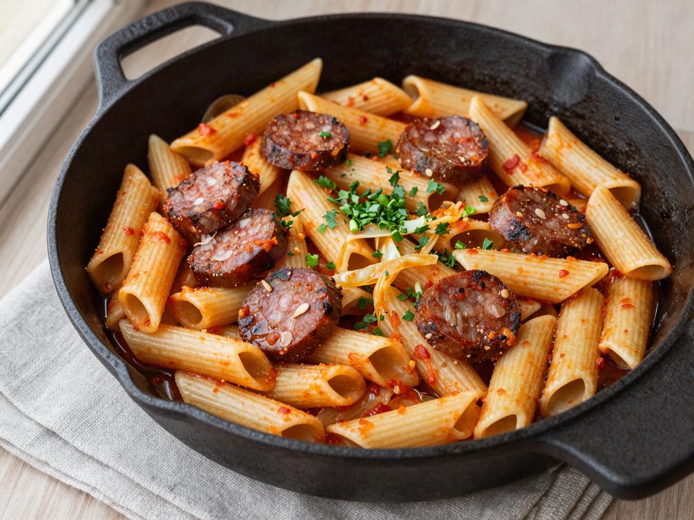 One-pot pasta med chorizo, spidskål og fennikelfrø