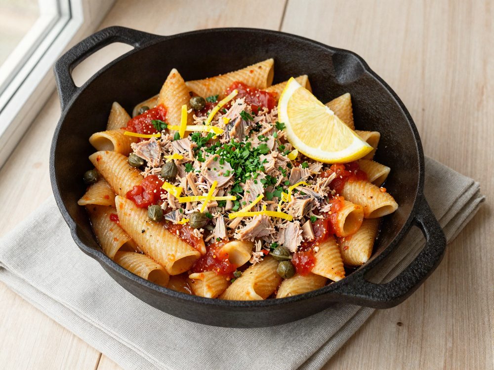 One-pot pasta med tun, kapers og citron