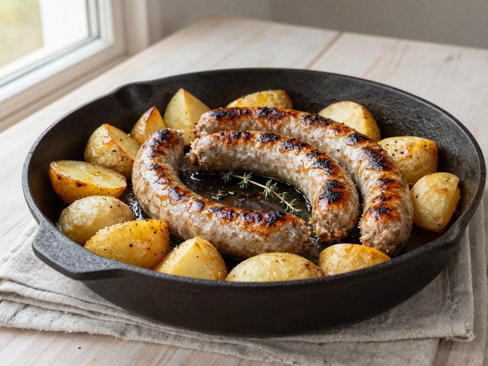 Ovnbagt medisterpølse med kartofler og æbler