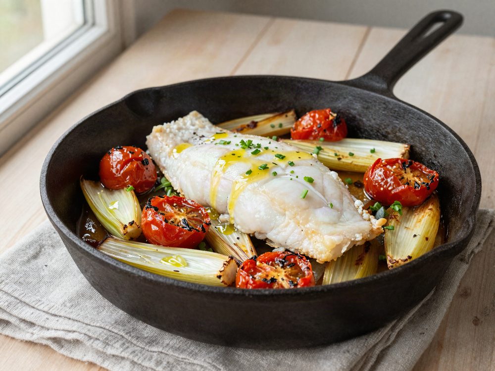 Ovnbagt sejfilet med fennikel og tomat
