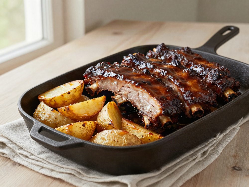 Ovnbagte spareribs med kartoffelbåde og barbecueglace