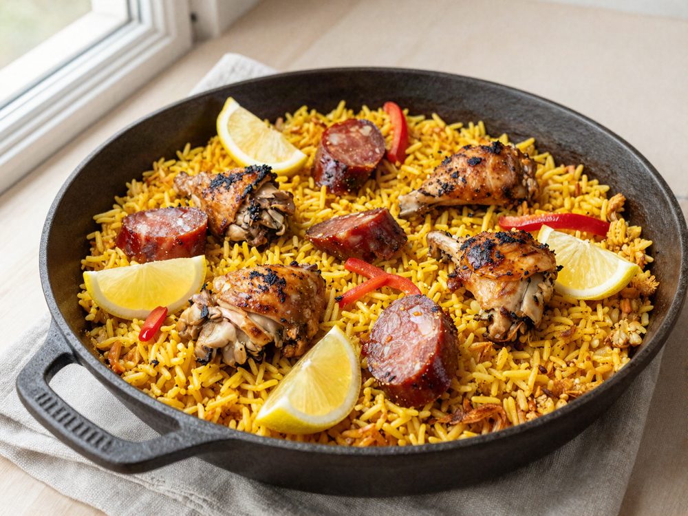 Paella med kylling og chorizo