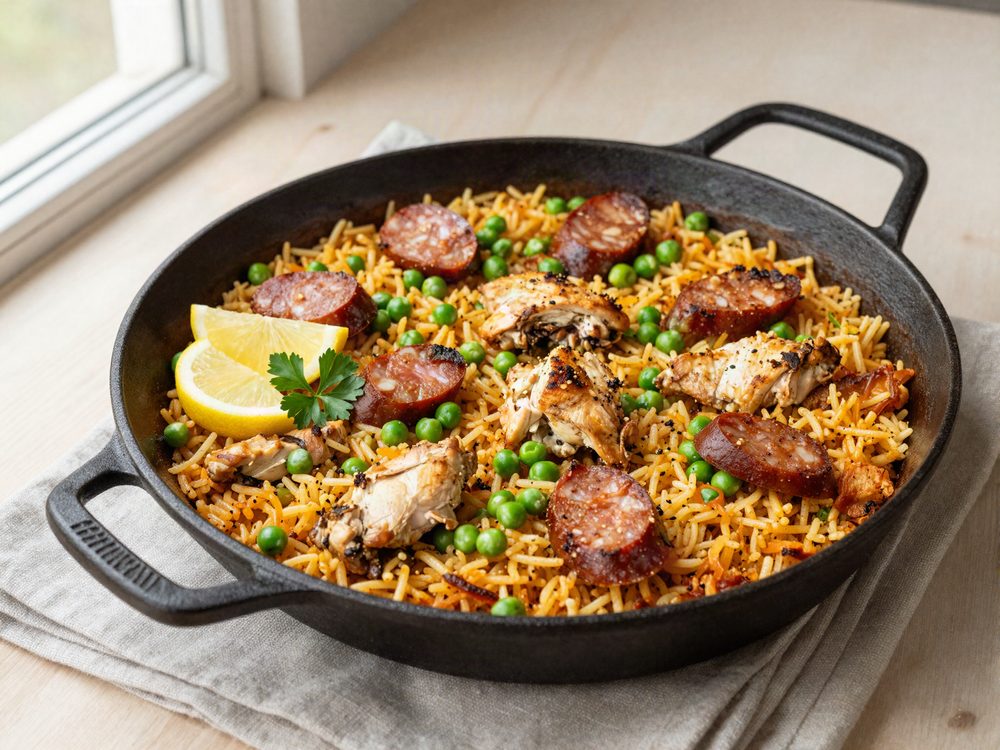 Pandepaella med kylling, chorizo og ærter