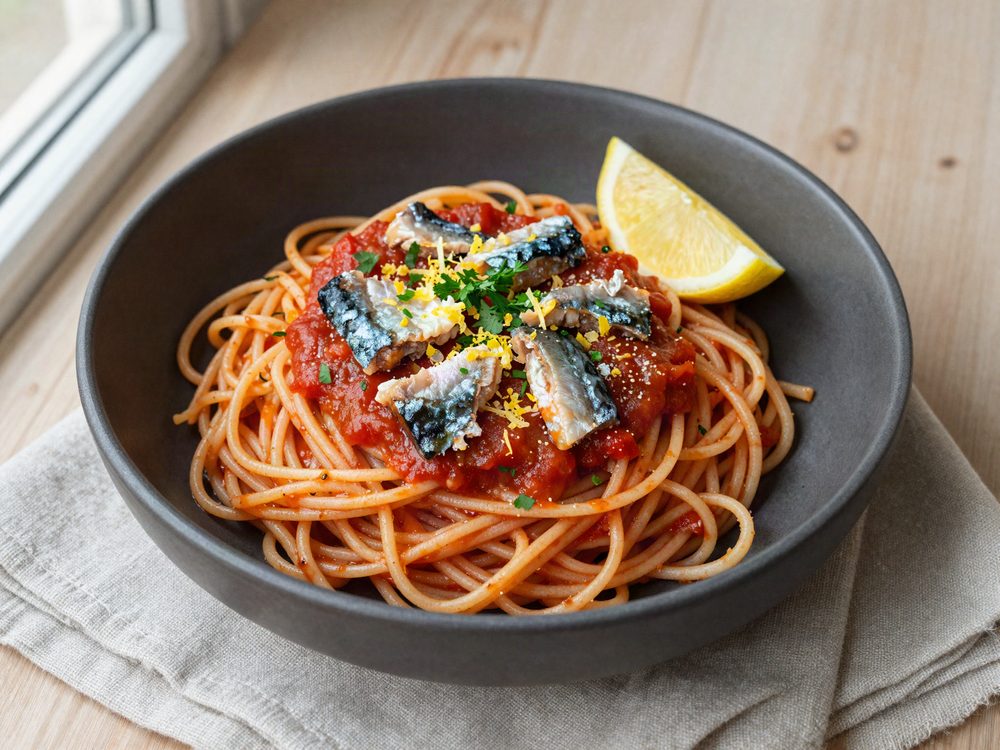 Pasta med makrel i tomat og citron