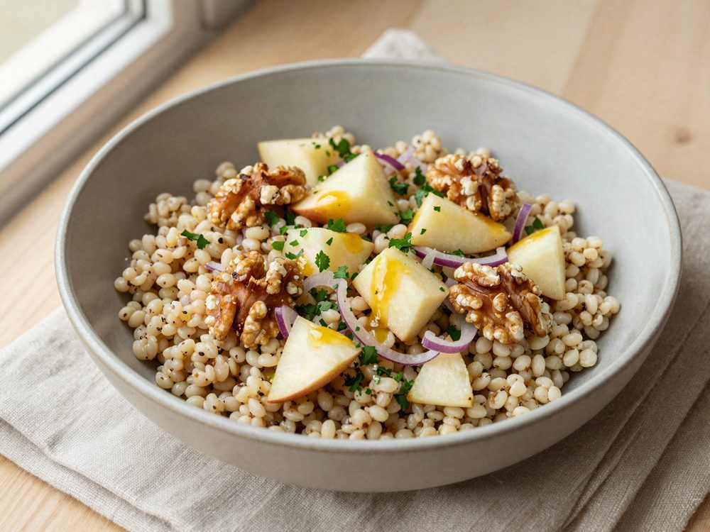 Perlebygsalat med æble og valnødder