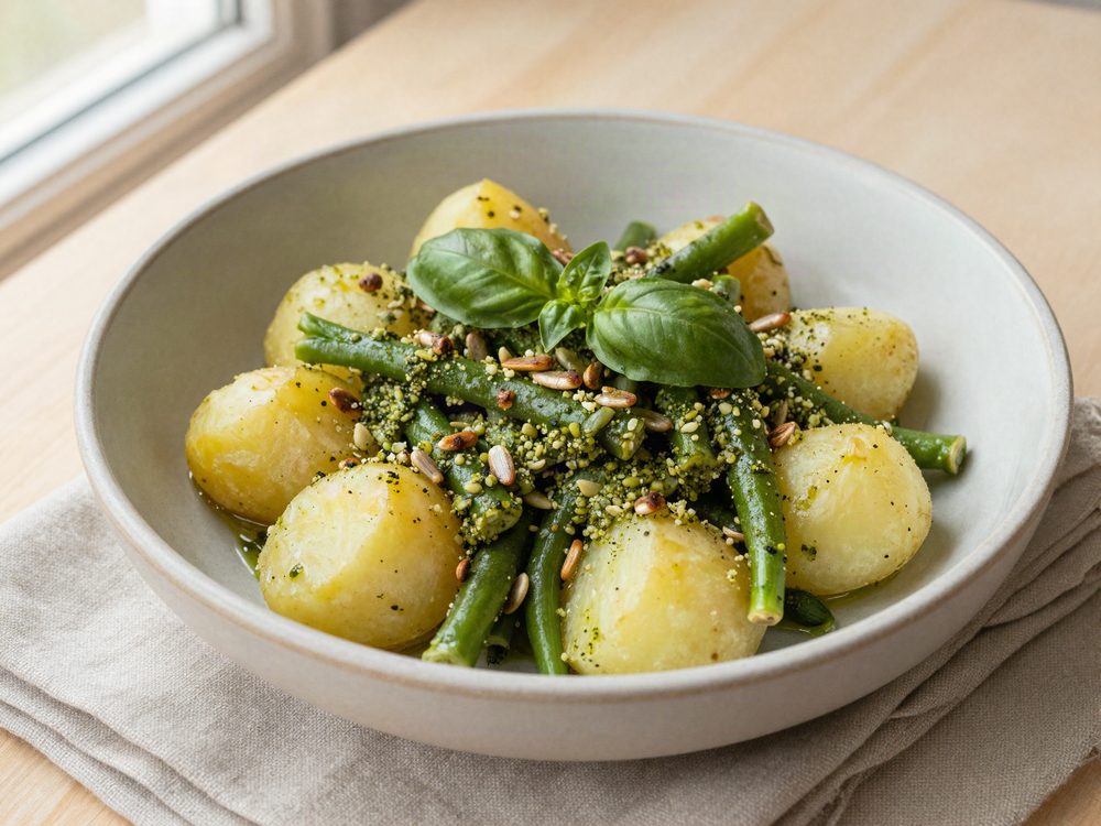 Pesto med solsikkekerner, kartofler og haricots verts