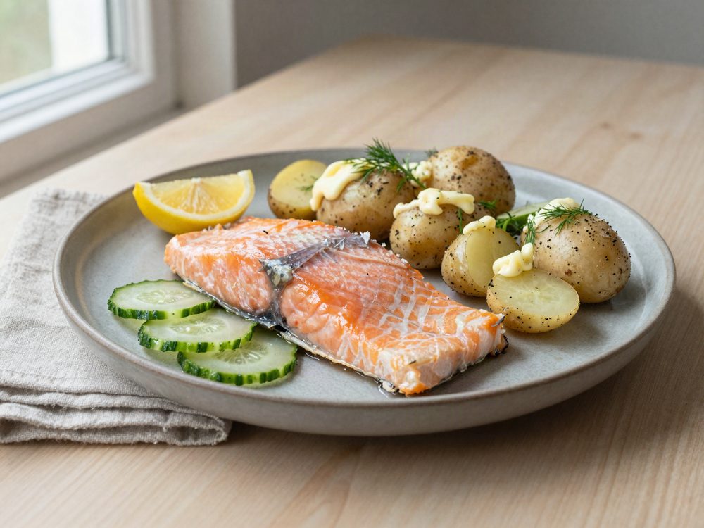 Pocheret laks med agurkesalat og nye kartofler